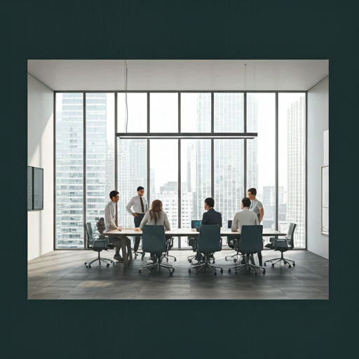 Professional corporate office interior with team collaborating