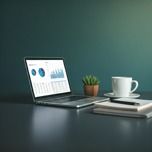 Professional home office desk with laptop showing financial charts