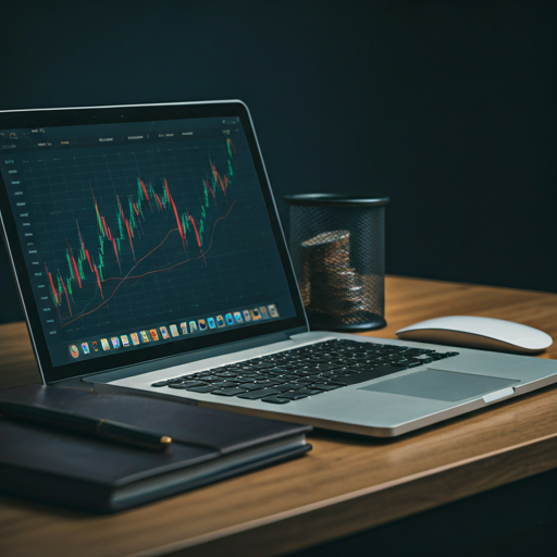 Professional desk setup with laptop showing financial charts