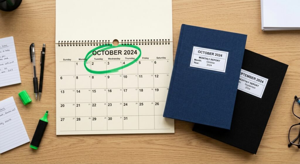 Calendar marked with a quiet month circled beside two overlapping monthly report binders while Switching Bookkeepers Without Losing a Month