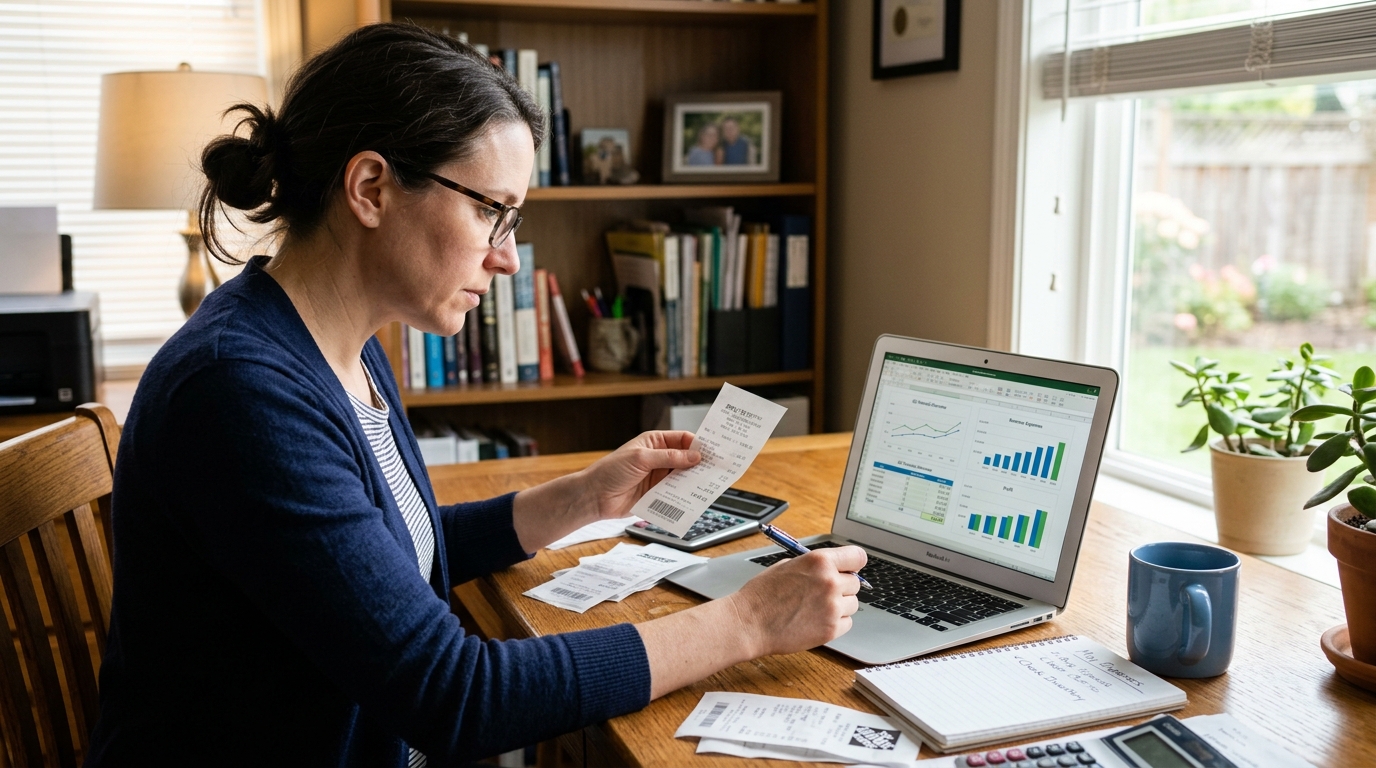 Small business owner comparing paper receipts against a bookkeeping dashboard on a laptop