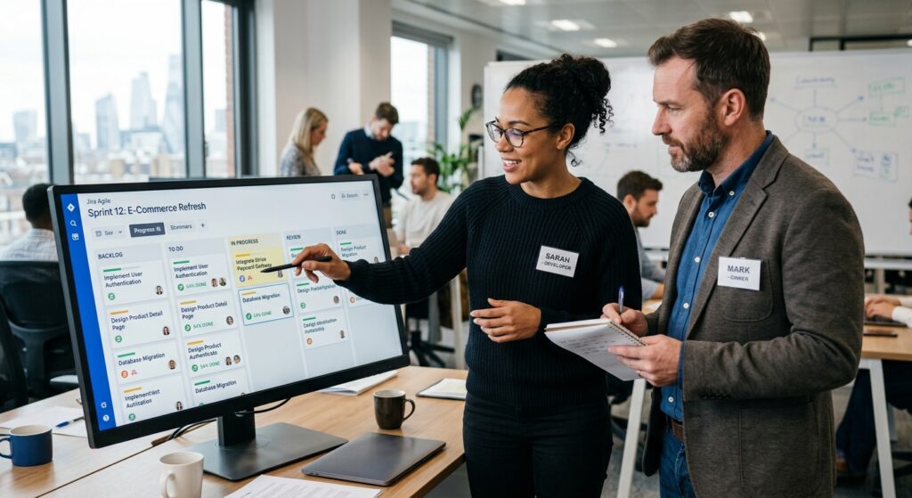 Developer and small business client reviewing a sprint board together