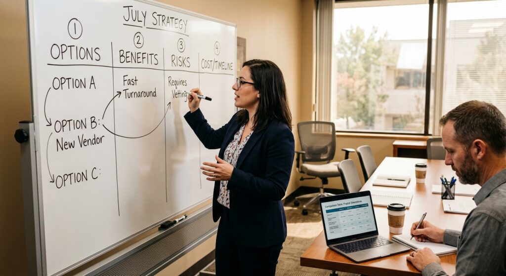 Operations lead mapping four delivery model options on a whiteboard during a planning session of Automation as a Service.