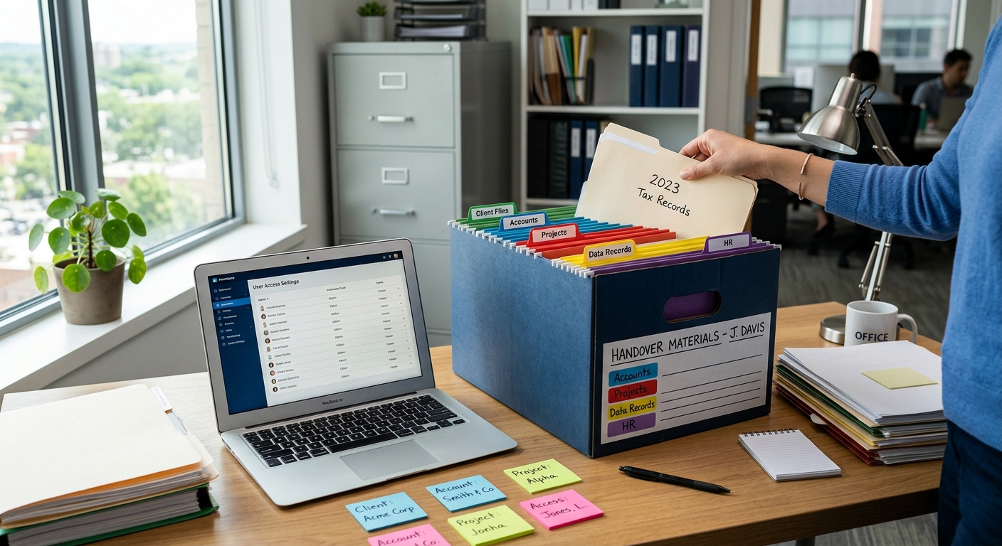 Organized handover box with labeled folders beside laptop showing accounting access screens