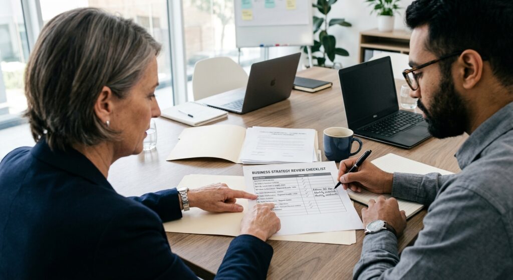 Owner and provider reviewing a service agreement and performance checklist together at a meeting table