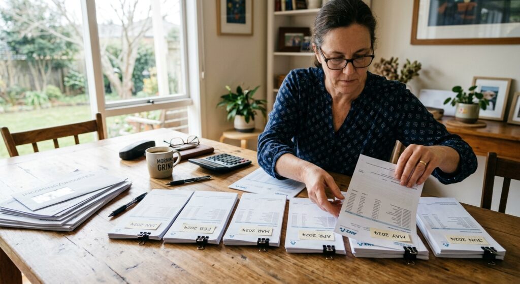 Owner working through a backlog of bank statement printouts at a dining table in effort to Catch-Up Bookkeeping