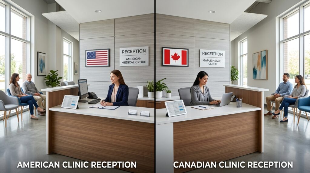 Split view symbolizing US and Canadian privacy requirements for AI clinical documentation