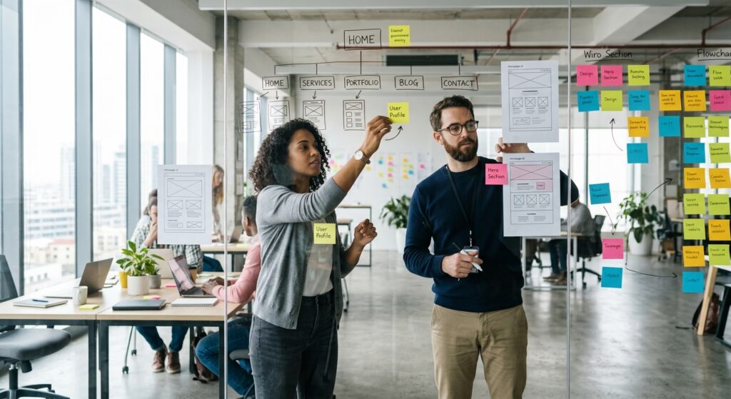 Two developers arranging printed wireframe sketches on a glass wall during a website discovery workshop