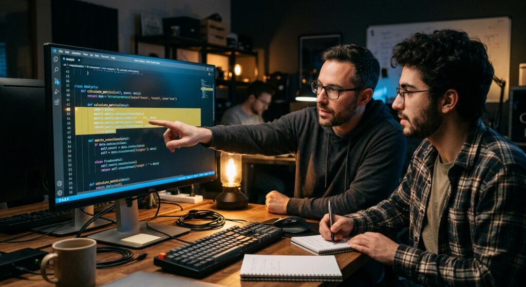 Two developers conducting a code review session at a large monitor