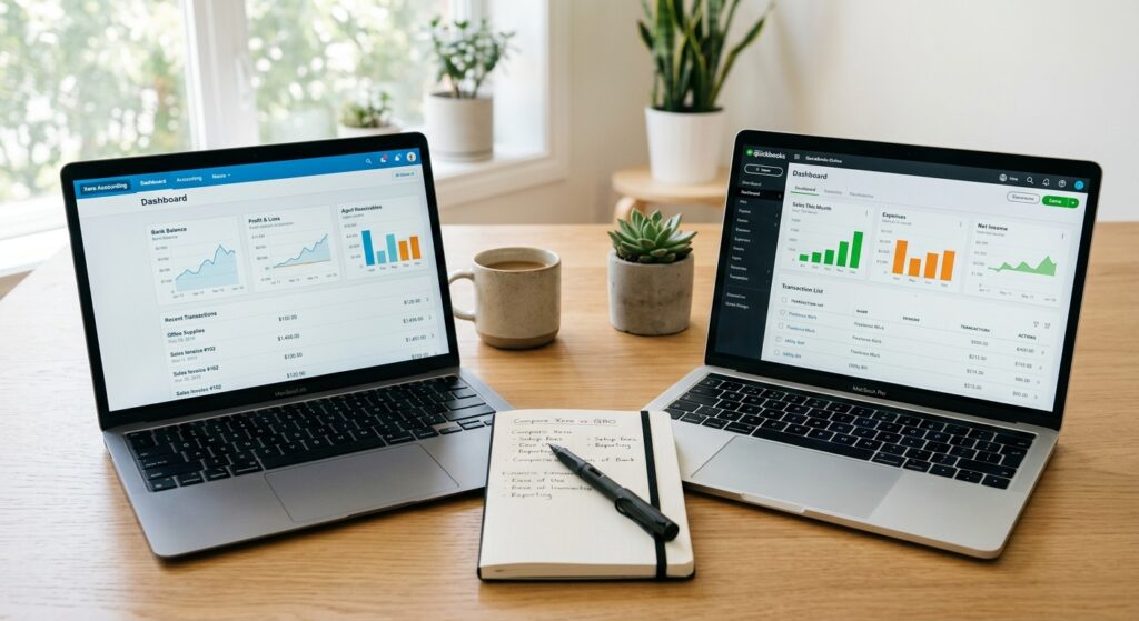 Two laptops side by side QuickBooks vs Xero accounting dashboards on a shared desk