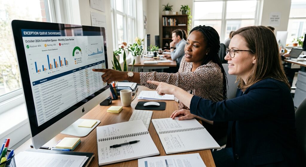Two-person team splitting duties with automation dashboard on shared screen during monthly close - Supervise AI Bookkeeping