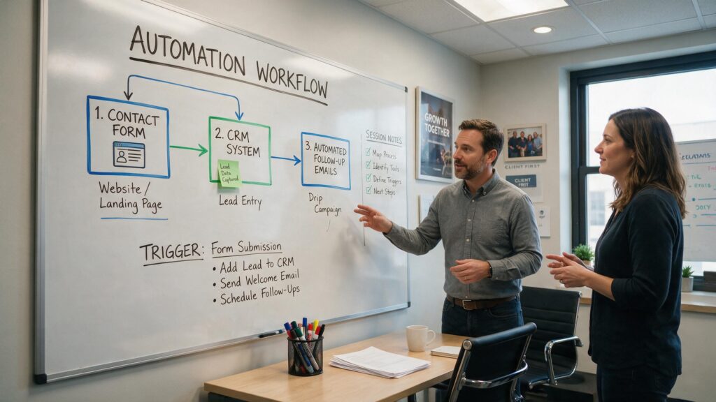 A small business owner and a consultant mapping a workflow on a whiteboard, drawing boxes and arrows that connect a form to a CRM to automated follow-up messages.