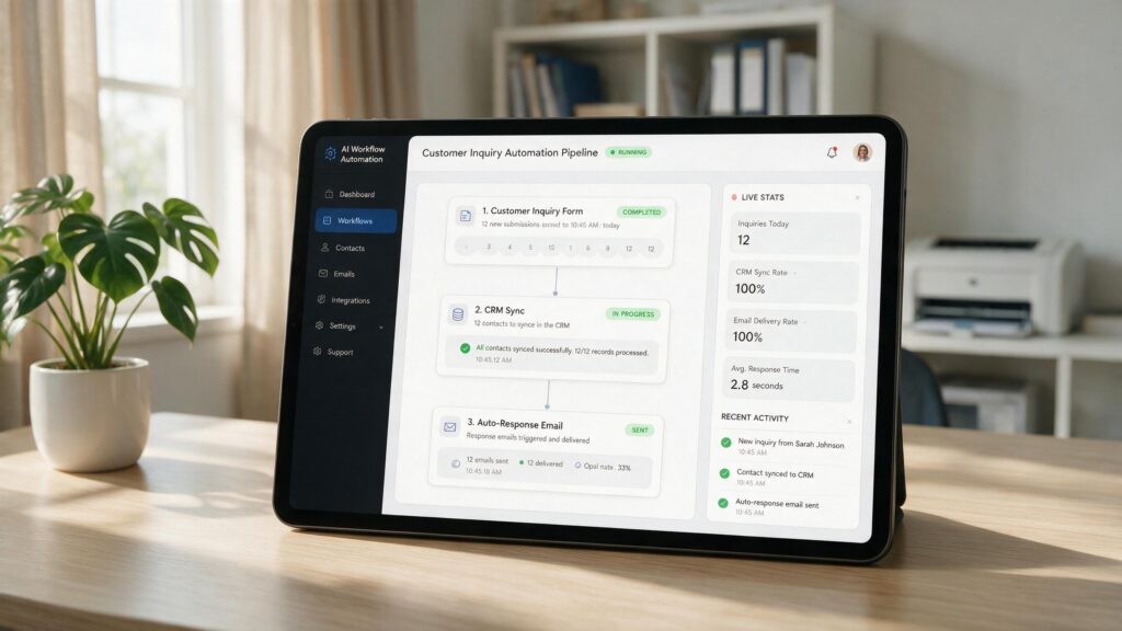 An office automation visual showing customer inquiry forms flowing automatically into a CRM and triggering follow-up emails without manual entry, small business context.