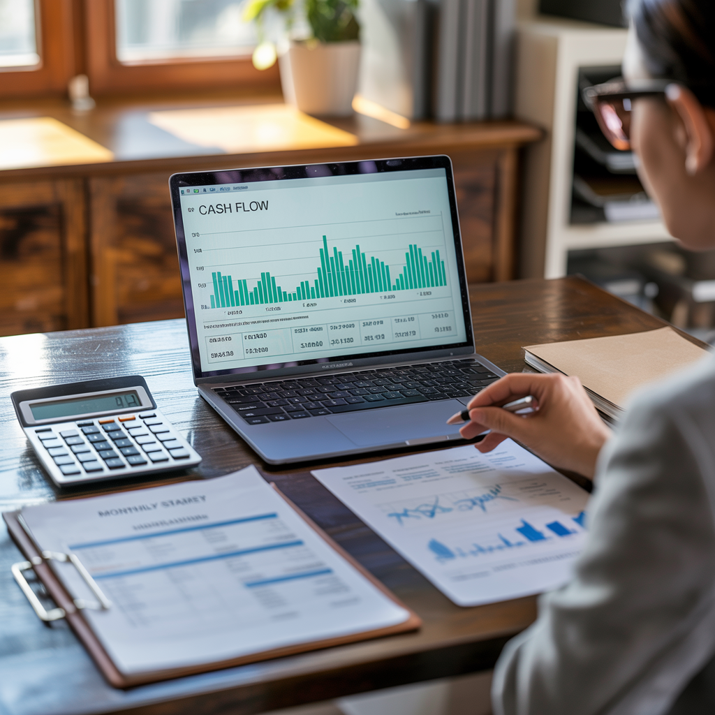An owner reviewing a cash flow forecast chart on a laptop beside a printed monthly financial statement, with a calculator and coffee mug on a tidy desk.