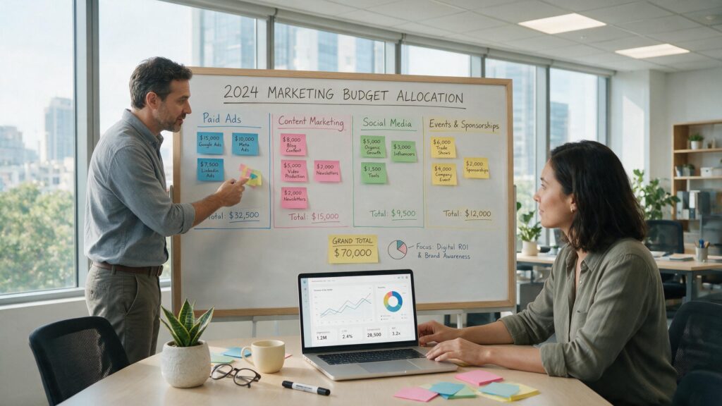 A small business owner planning a marketing budget with color-coded sticky notes on a whiteboard, a laptop showing an analytics dashboard, and a coffee cup on the desk.