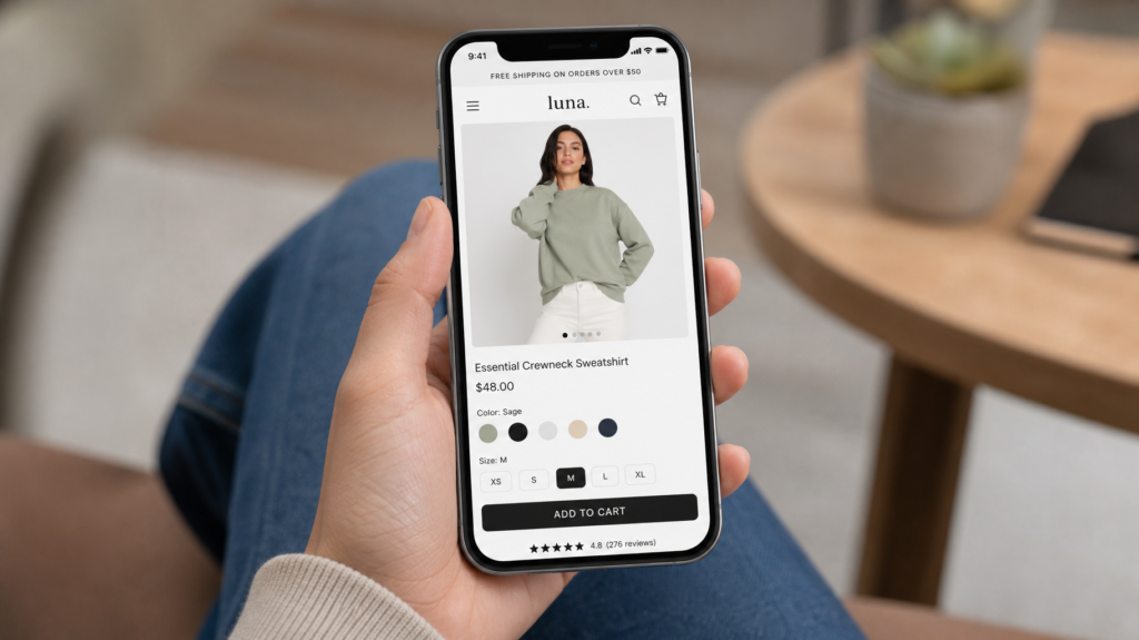 Mobile-first ecommerce store loading product images quickly on a smartphone held by a shopper - Ecommerce Web Design