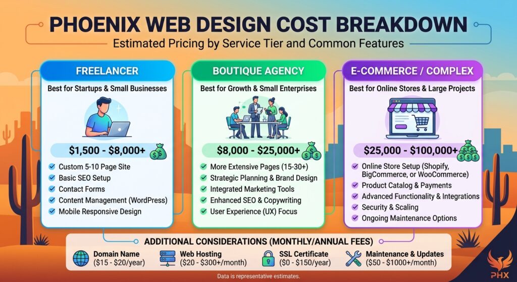 Phoenix web design cost breakdown chart showing freelancer, agency, and ecommerce tiers