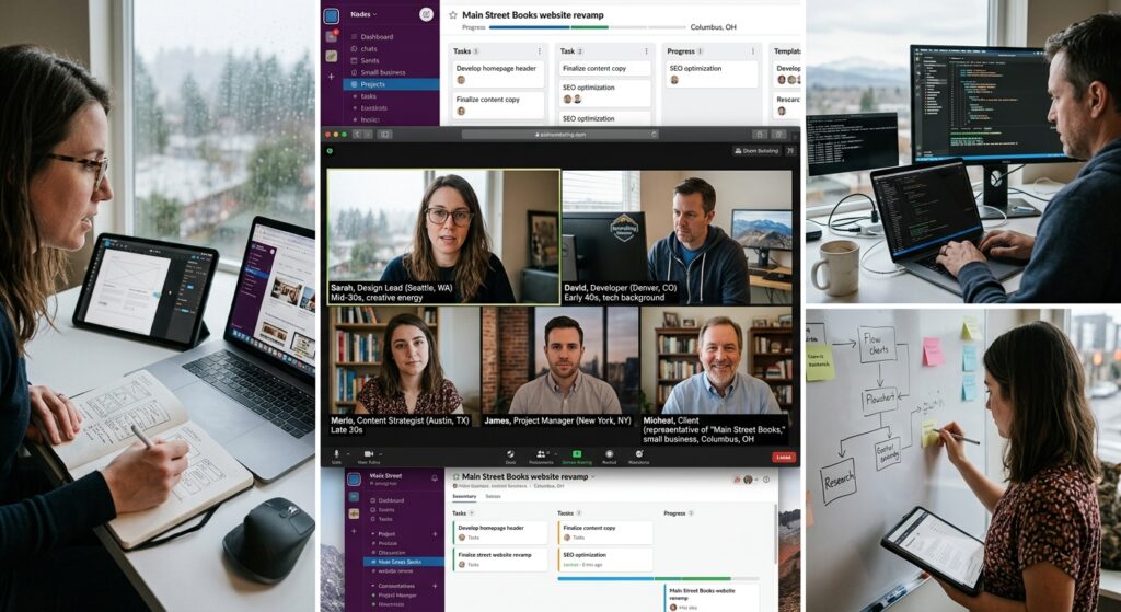 Remote web design services team collaborating across US cities on a small business project